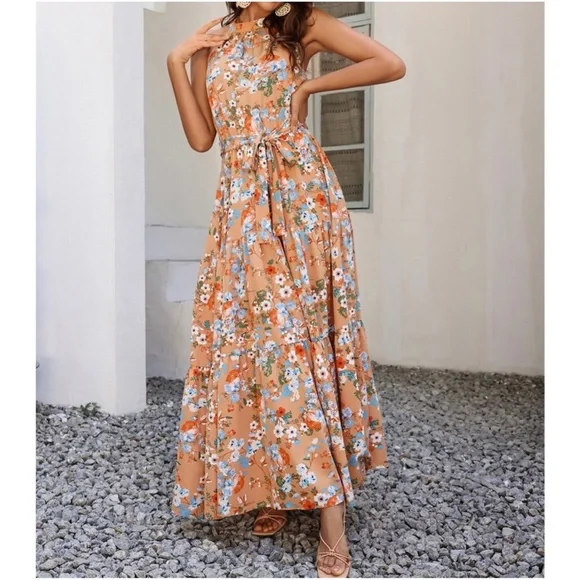 Boho Orange Floral Print Ruffle Maxi Dress Cottagecore - Picture 2 of 5